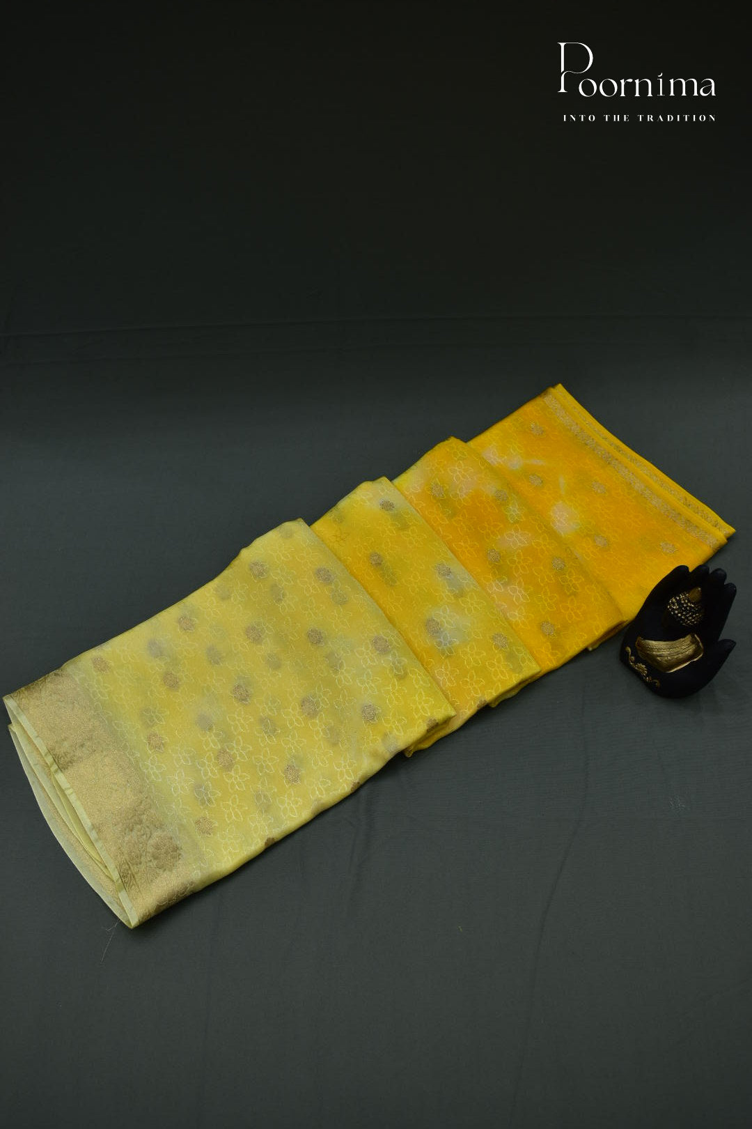 YELLOW - CRAPE SILK SHADED SAREES WITH ALLOVER ZARI BUTIS