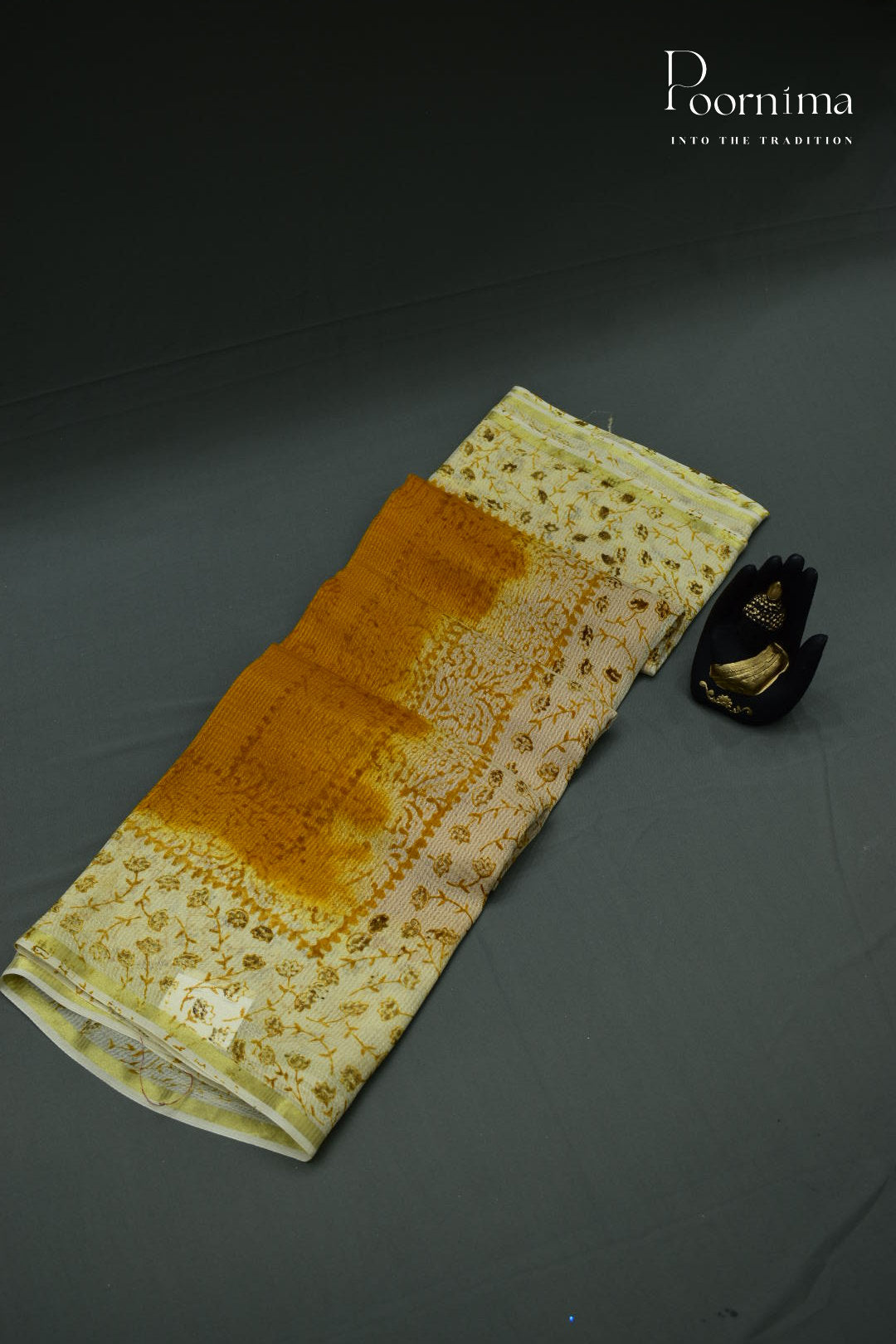 YELLOW &amp; CREAM - CHECKS GEORGETTE BLOCK PRINTED SAREES