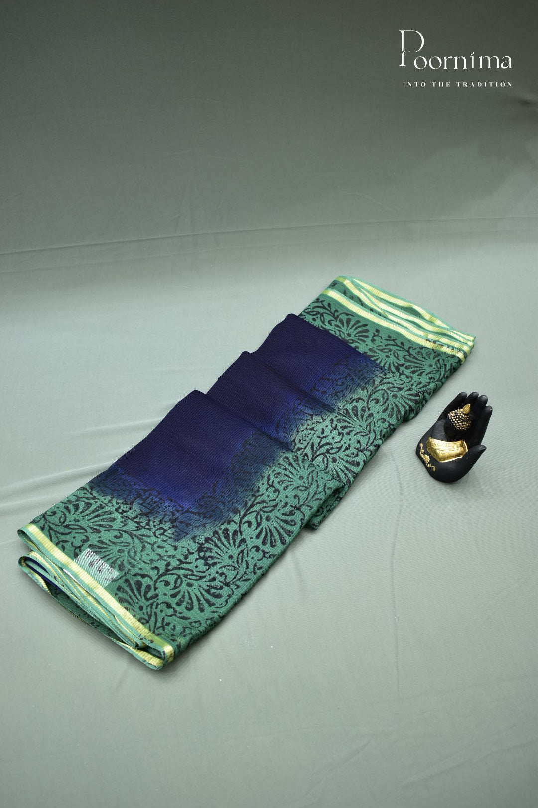 BLUE &amp; GREEN - CHECKS GEORGETTE BLOCK PRINTED SAREES