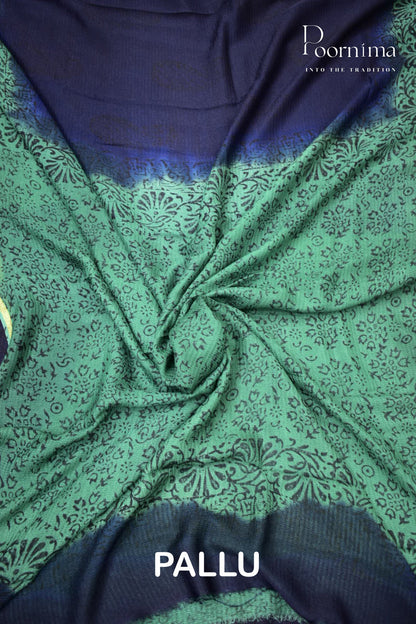 BLUE &amp; GREEN - CHECKS GEORGETTE BLOCK PRINTED SAREES