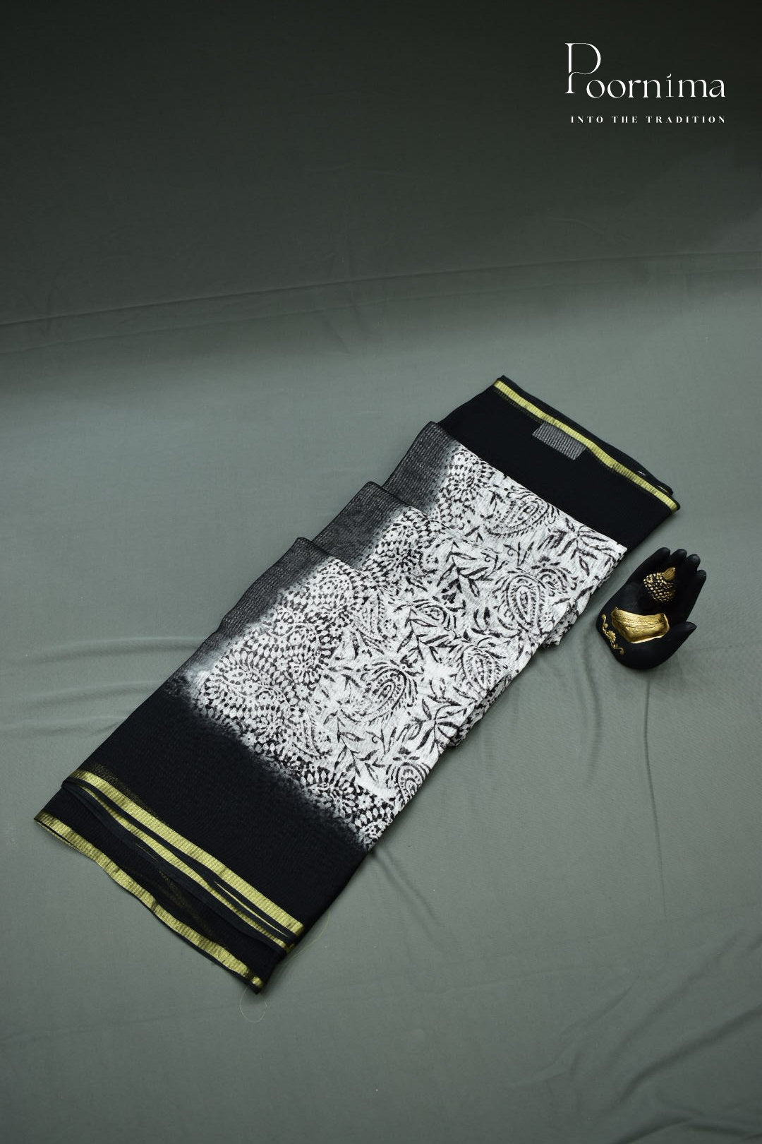 BLACK &amp; WHITE - CHECKS GEORGETTE BLOCK PRINTED SAREES