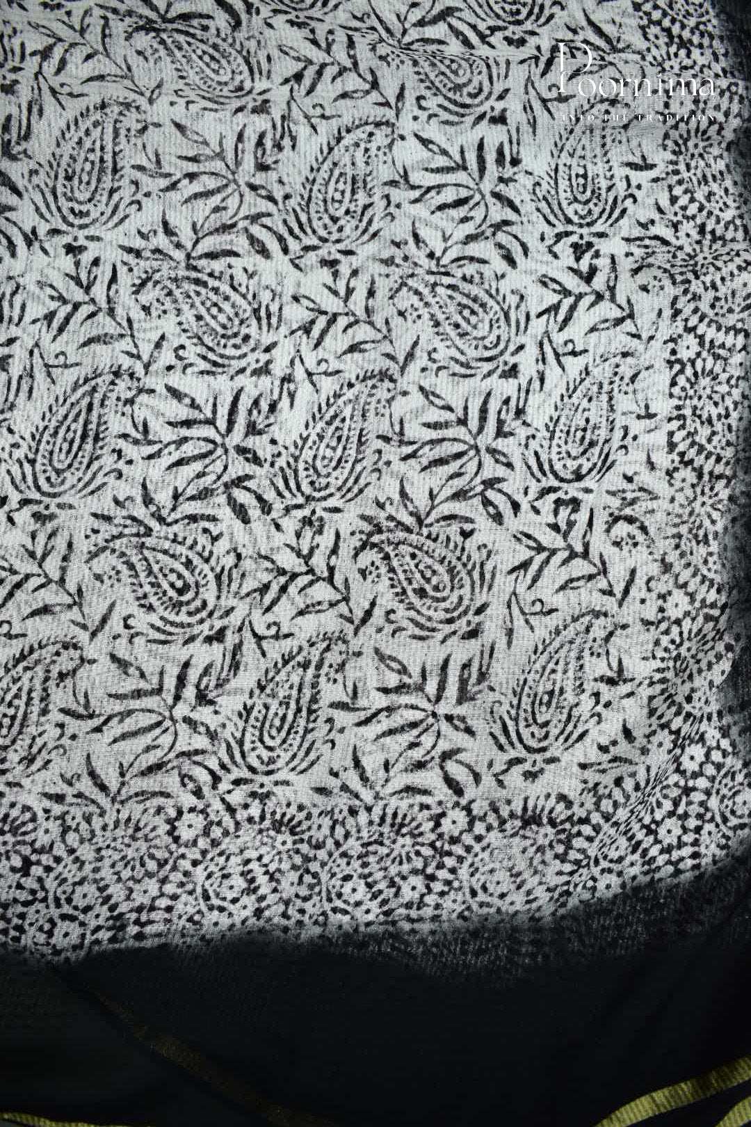 BLACK &amp; WHITE - CHECKS GEORGETTE BLOCK PRINTED SAREES