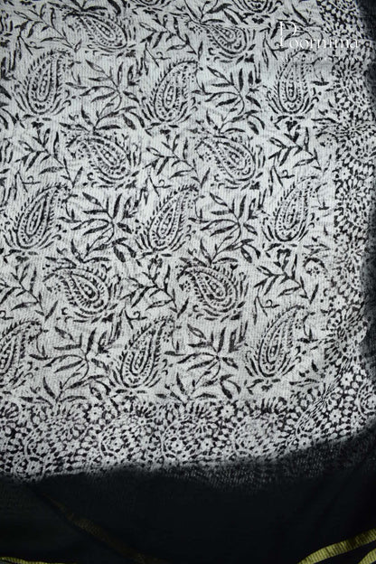 BLACK &amp; WHITE - CHECKS GEORGETTE BLOCK PRINTED SAREES