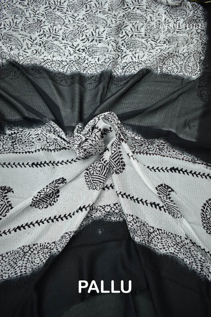 BLACK &amp; WHITE - CHECKS GEORGETTE BLOCK PRINTED SAREES