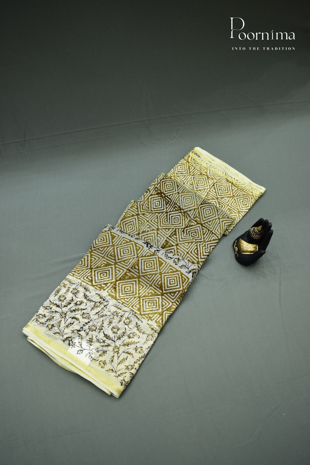 CREAM &amp; BLACK - CHECKS GEORGETTE BLOCK PRINTED SAREES