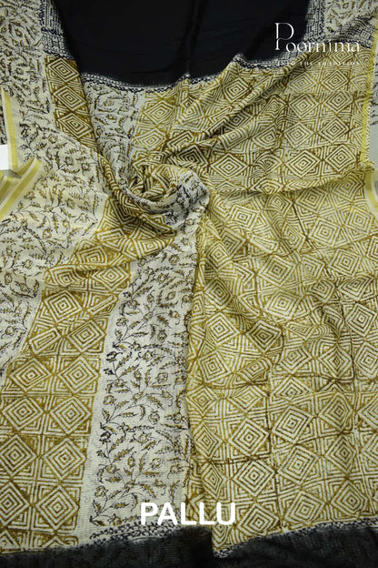 CREAM &amp; BLACK - CHECKS GEORGETTE BLOCK PRINTED SAREES