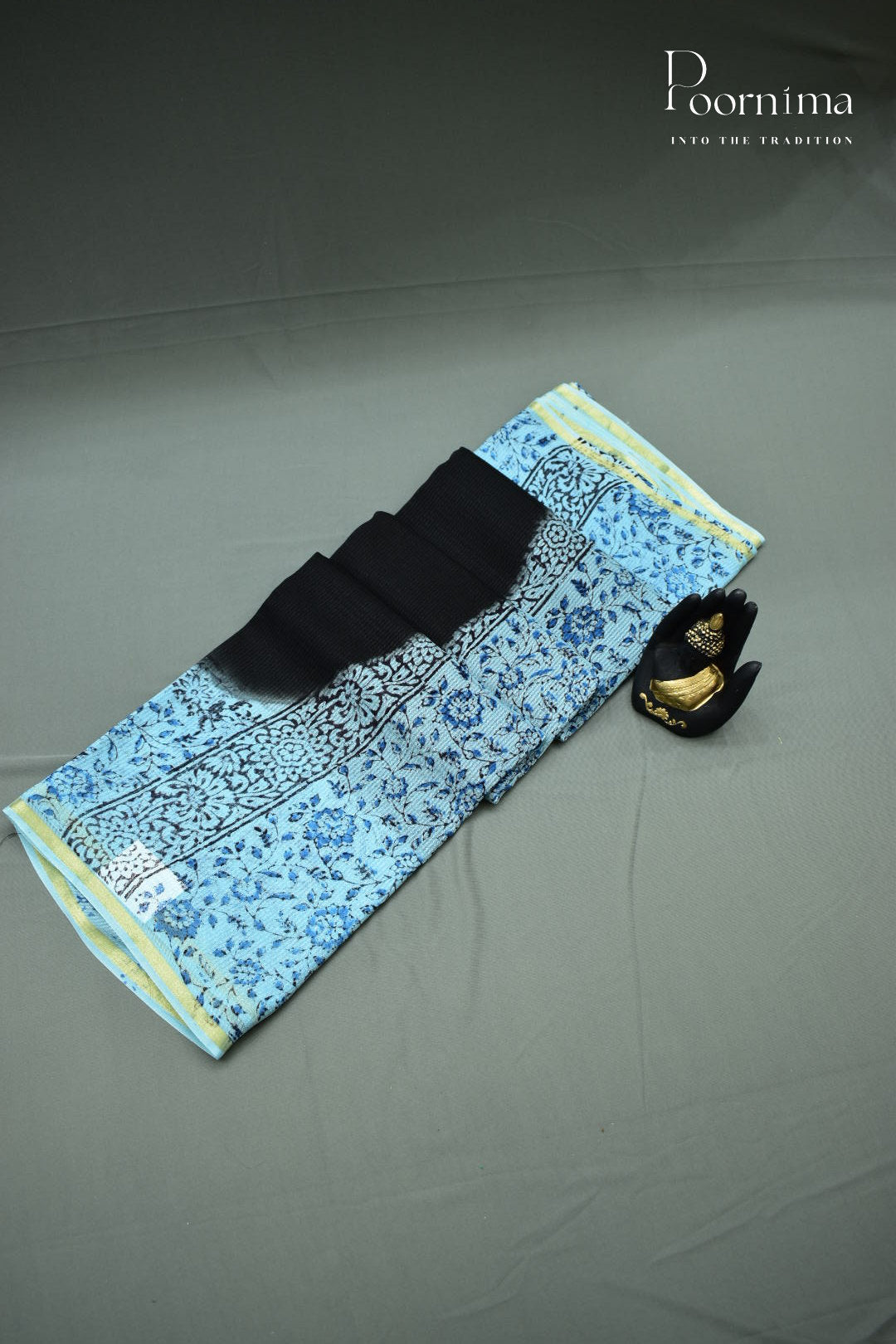 SKY BLUE &amp; BLACK - CHECKS GEORGETTE BLOCK PRINTED SAREES