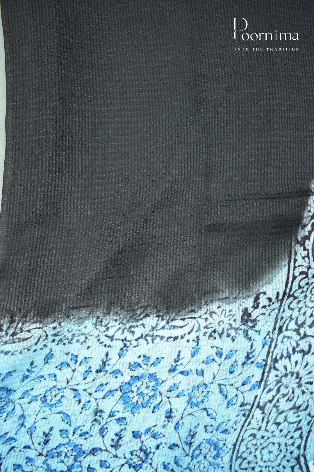SKY BLUE &amp; BLACK - CHECKS GEORGETTE BLOCK PRINTED SAREES