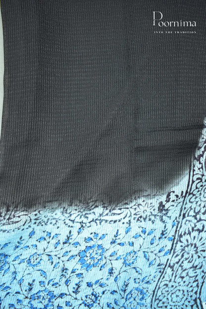 SKY BLUE &amp; BLACK - CHECKS GEORGETTE BLOCK PRINTED SAREES