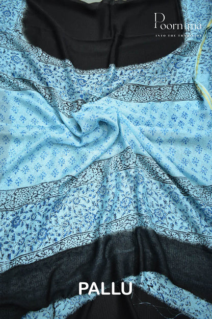 SKY BLUE &amp; BLACK - CHECKS GEORGETTE BLOCK PRINTED SAREES