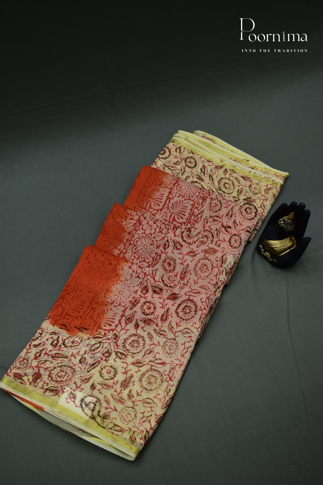 CREAM &amp; ORNAGE - CHECKS GEORGETTE BLOCK PRINTED SAREES