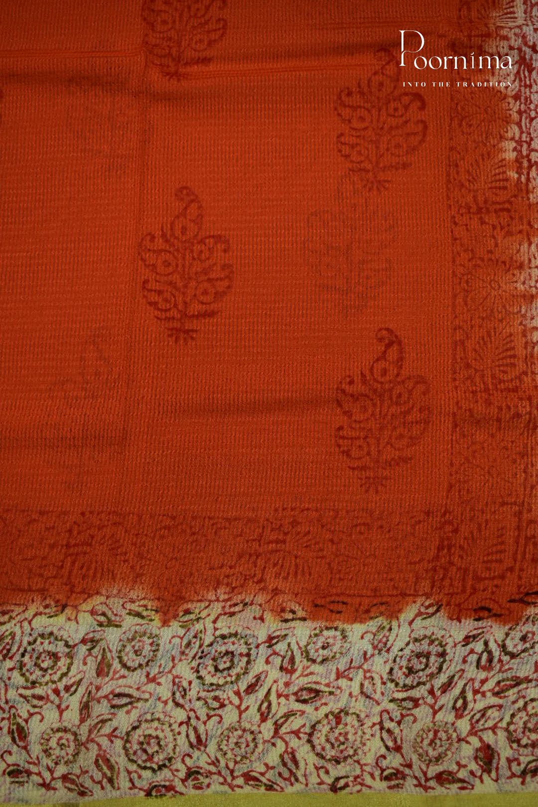 CREAM &amp; ORNAGE - CHECKS GEORGETTE BLOCK PRINTED SAREES