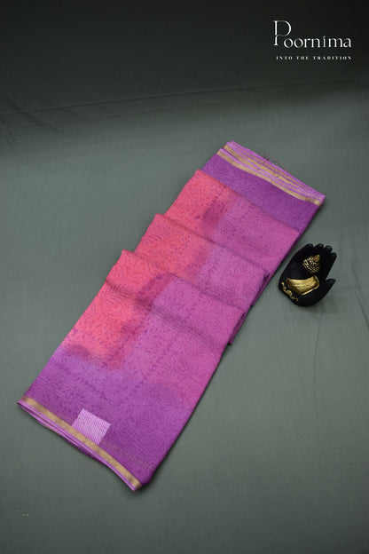 PEACH &amp; LAVENDER - CHECKS GEORGETTE BLOCK PRINTED SAREES