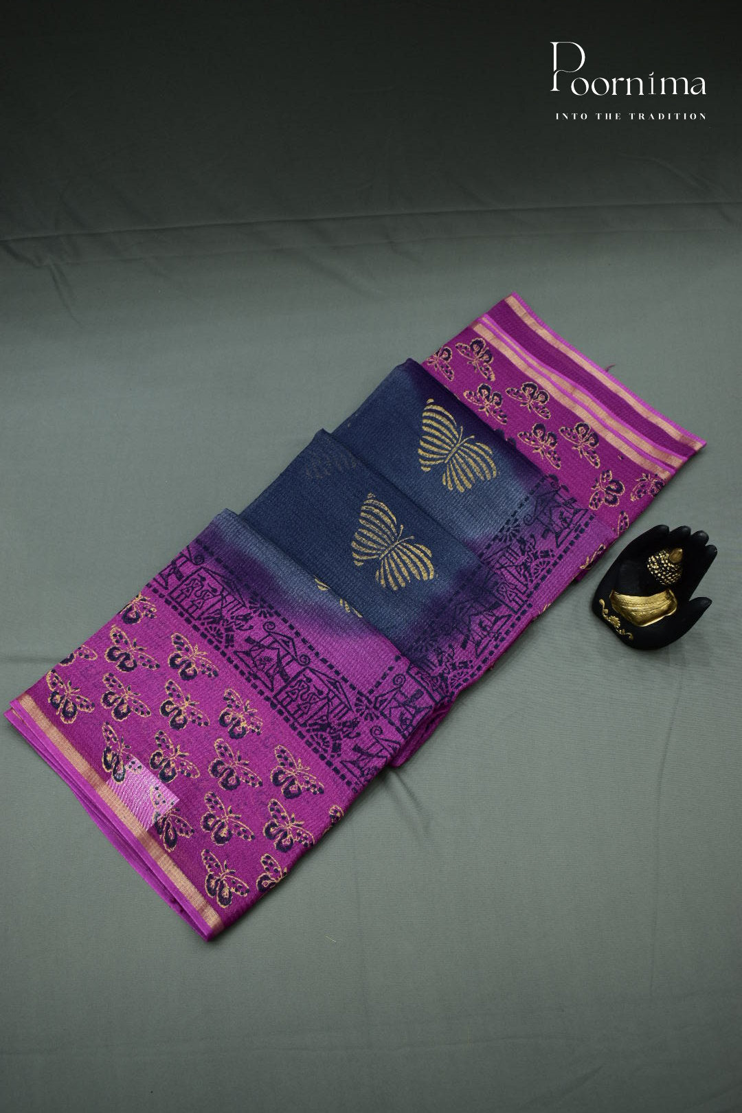 PURPLE & GREY - CHECKS GEORGETTE BLOCK PRINTED SAREES