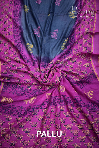 PURPLE &amp; GREY - CHECKS GEORGETTE BLOCK PRINTED SAREES