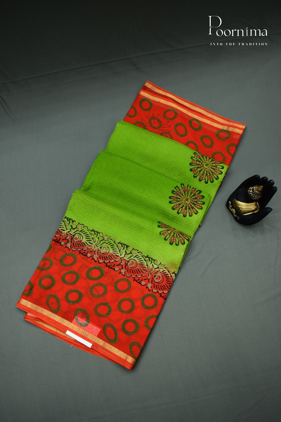 GREEN &amp; ORANGE - CHECKS GEORGETTE BLOCK PRINTED SAREES