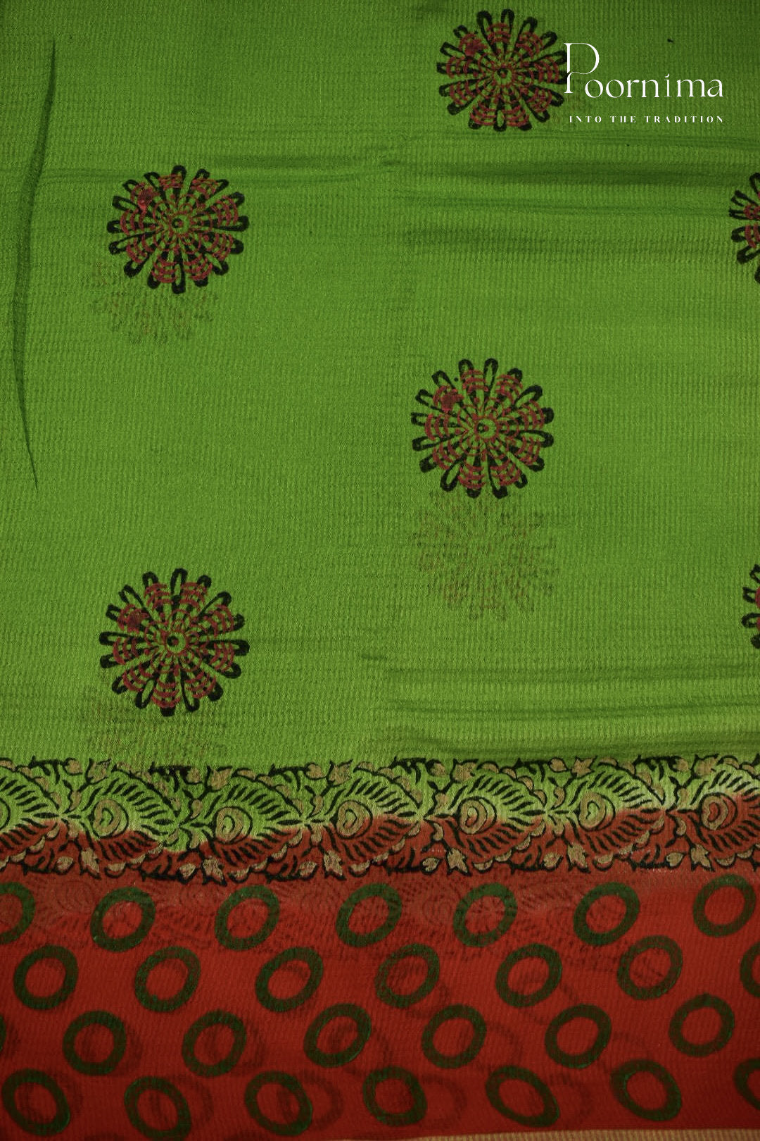 GREEN & ORANGE - CHECKS GEORGETTE BLOCK PRINTED SAREES