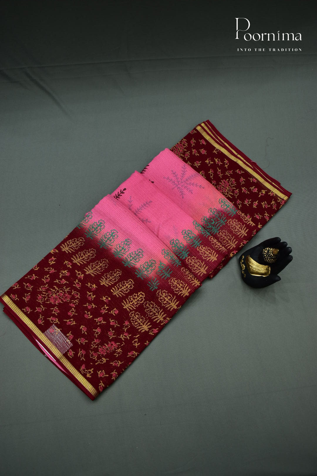 PINK &amp; MAROON - CHECKS GEORGETTE BLOCK PRINTED SAREES