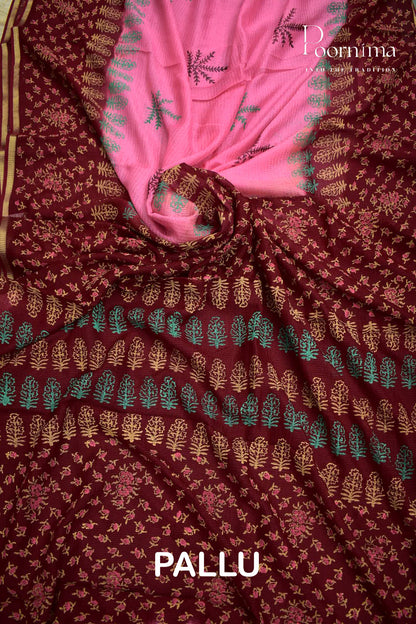 PINK &amp; MAROON - CHECKS GEORGETTE BLOCK PRINTED SAREES