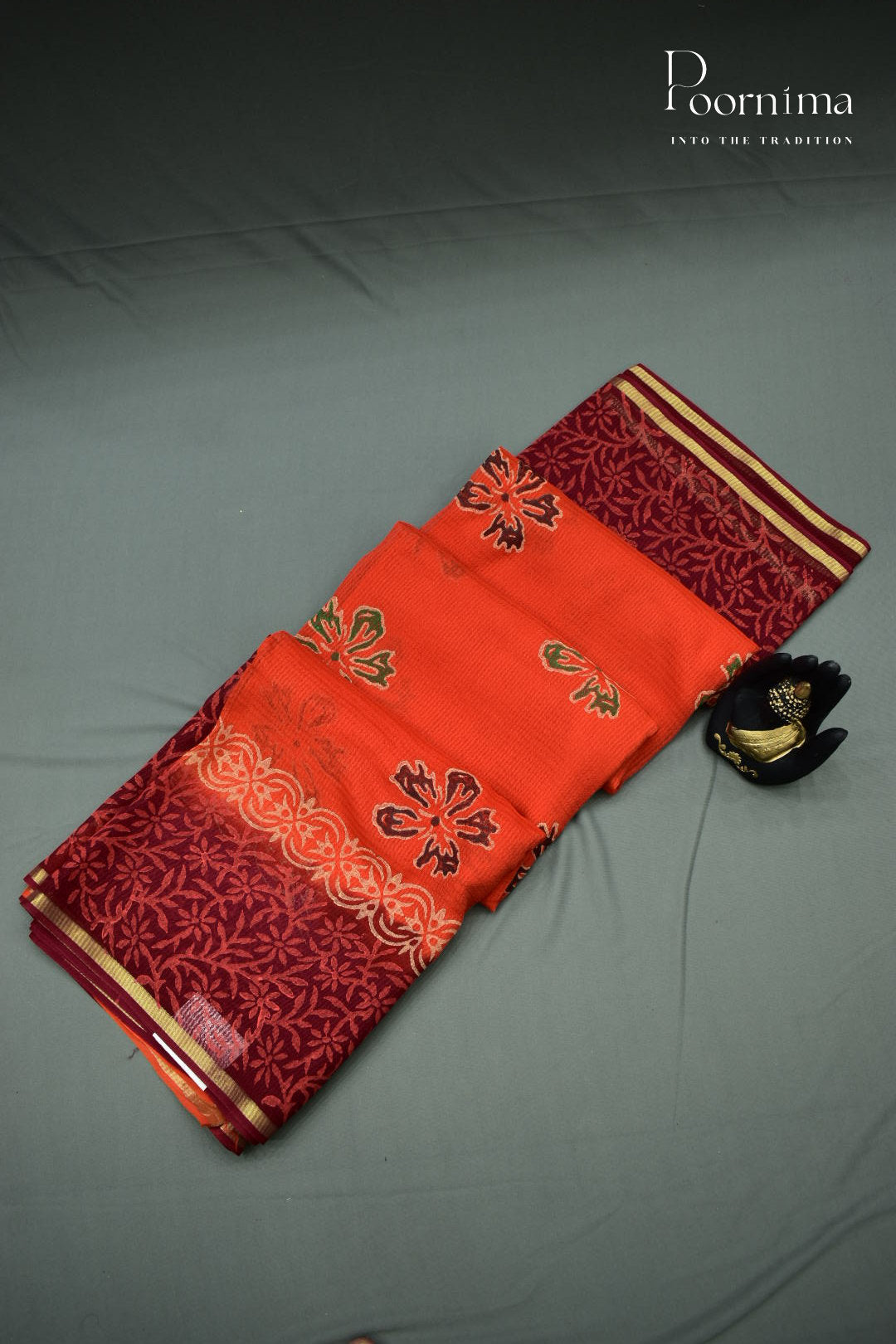 ORANGE &amp; MAROON - CHECKS GEORGETTE BLOCK PRINTED SAREES