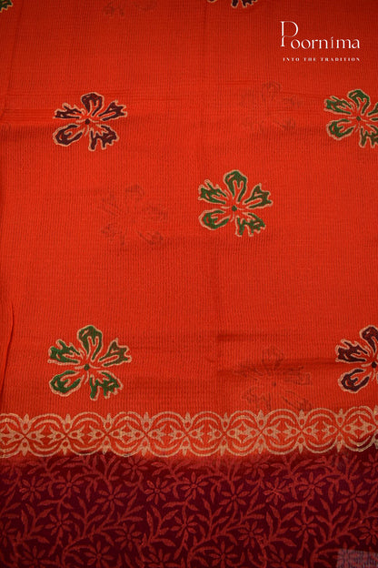 ORANGE &amp; MAROON - CHECKS GEORGETTE BLOCK PRINTED SAREES