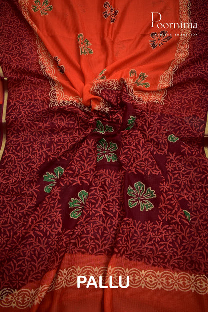 ORANGE &amp; MAROON - CHECKS GEORGETTE BLOCK PRINTED SAREES