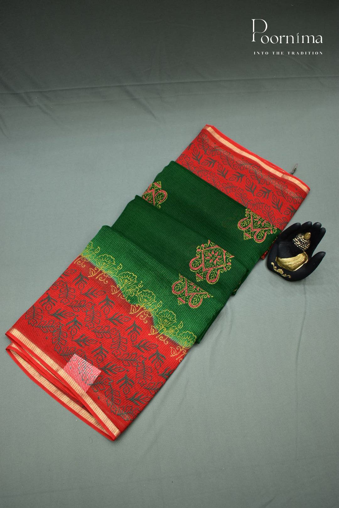 GREEN &amp; RED - CHECKS GEORGETTE BLOCK PRINTED SAREES