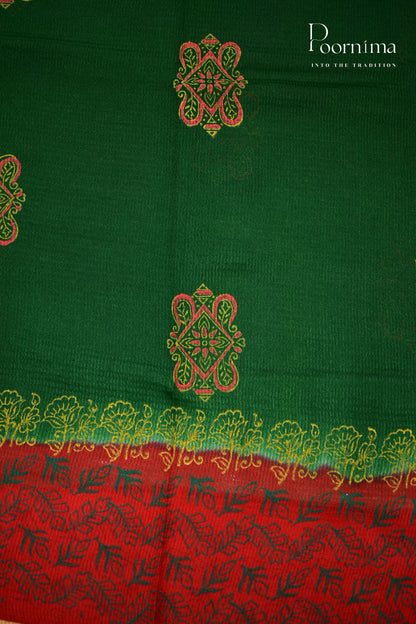 GREEN &amp; RED - CHECKS GEORGETTE BLOCK PRINTED SAREES