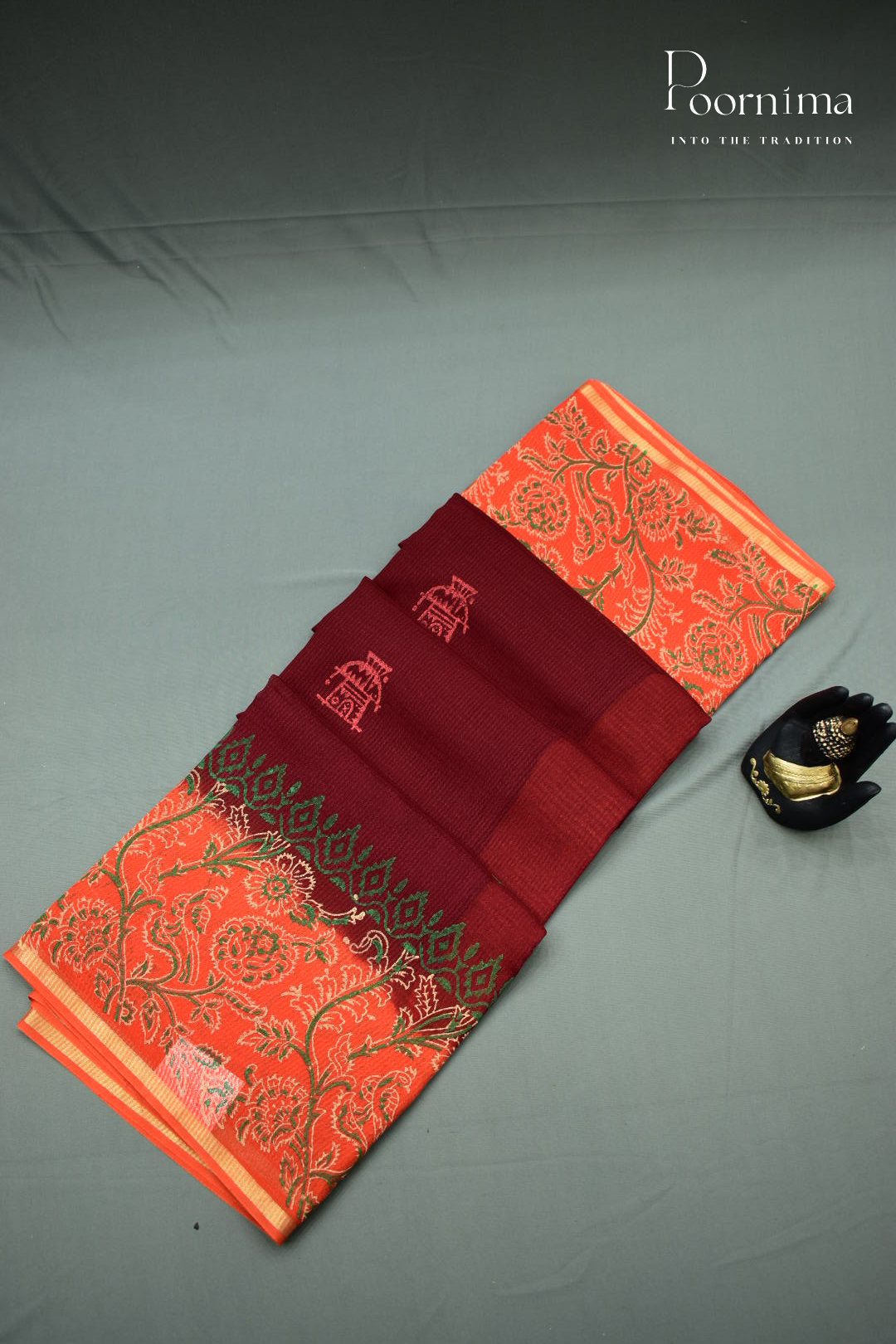 MAROON &amp; ORANGE - CHECKS GEORGETTE BLOCK PRINTED SAREES