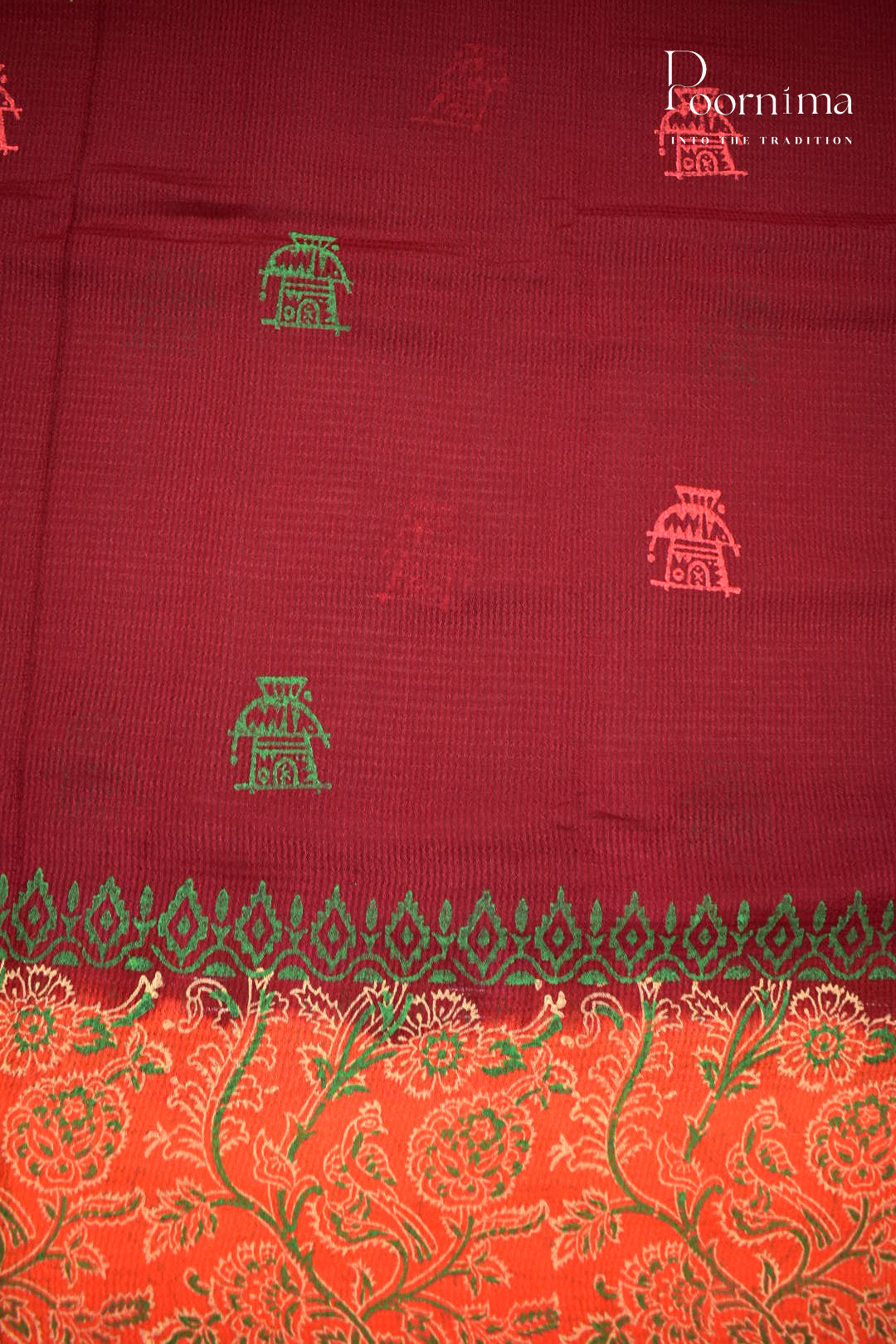 MAROON &amp; ORANGE - CHECKS GEORGETTE BLOCK PRINTED SAREES