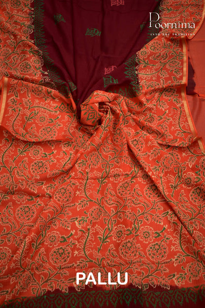 MAROON &amp; ORANGE - CHECKS GEORGETTE BLOCK PRINTED SAREES