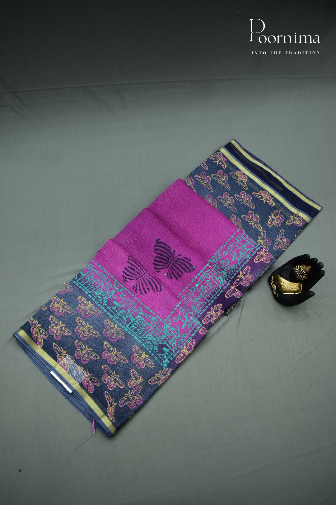 VIOLET &amp; BLUE - CHECKS GEORGETTE BLOCK PRINTED SAREES