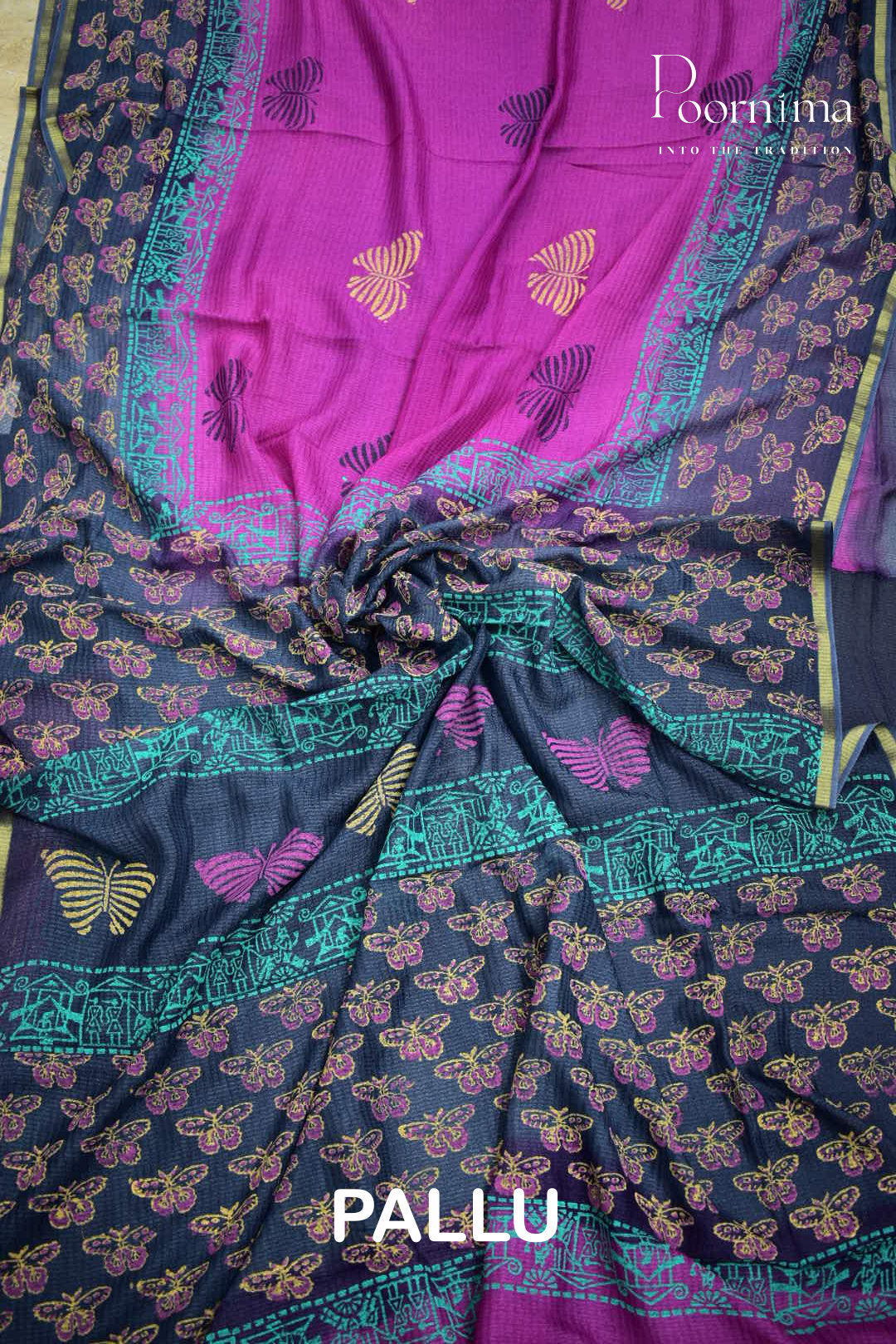 VIOLET &amp; BLUE - CHECKS GEORGETTE BLOCK PRINTED SAREES