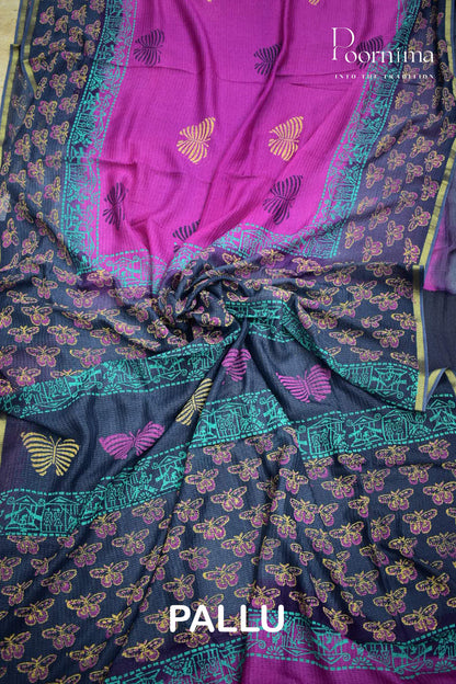 VIOLET &amp; BLUE - CHECKS GEORGETTE BLOCK PRINTED SAREES