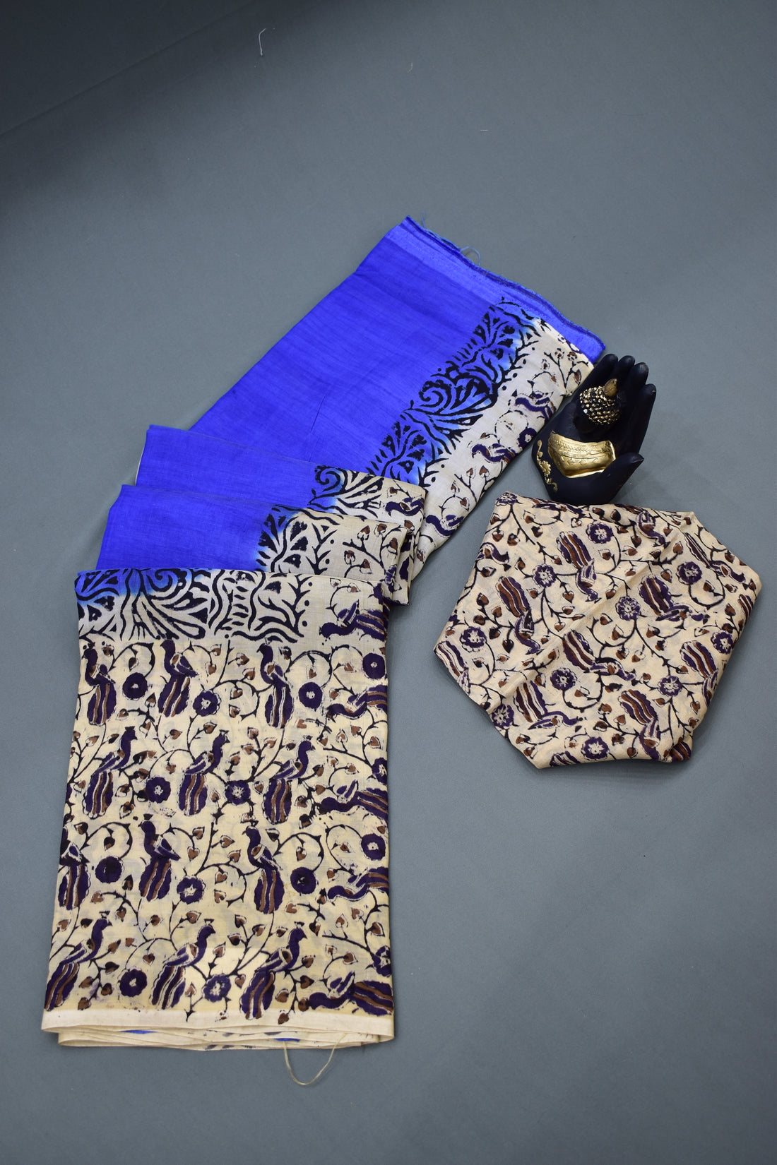 BLUE-KHADI SILK KALAMKARI PRINT SAREE