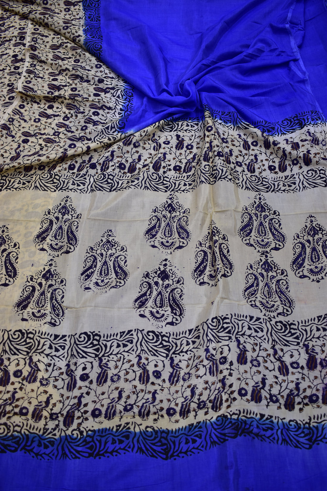 BLUE-KHADI SILK KALAMKARI PRINT SAREE