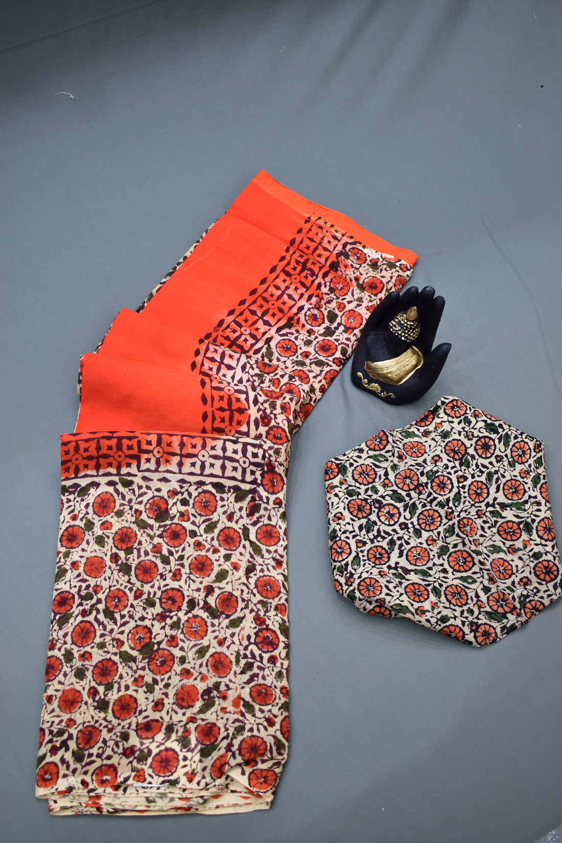 ORANGE-KHADI SILK KALAMKARI PRINT SAREE