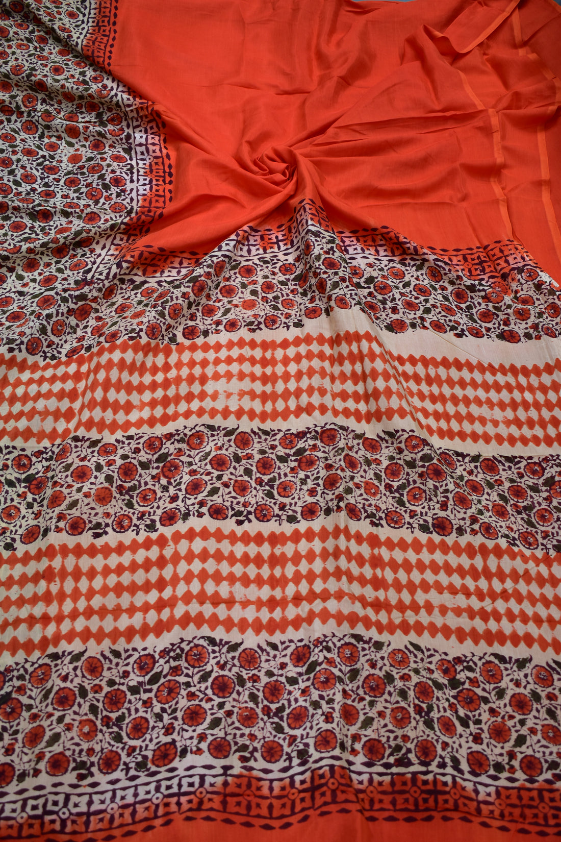 ORANGE-KHADI SILK KALAMKARI PRINT SAREE