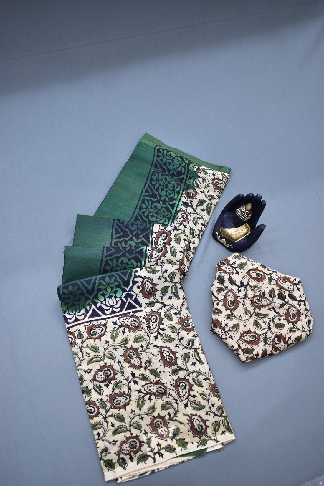 BOTTLE GREEN-KHADI SILK KALAMKARI PRINT SAREE