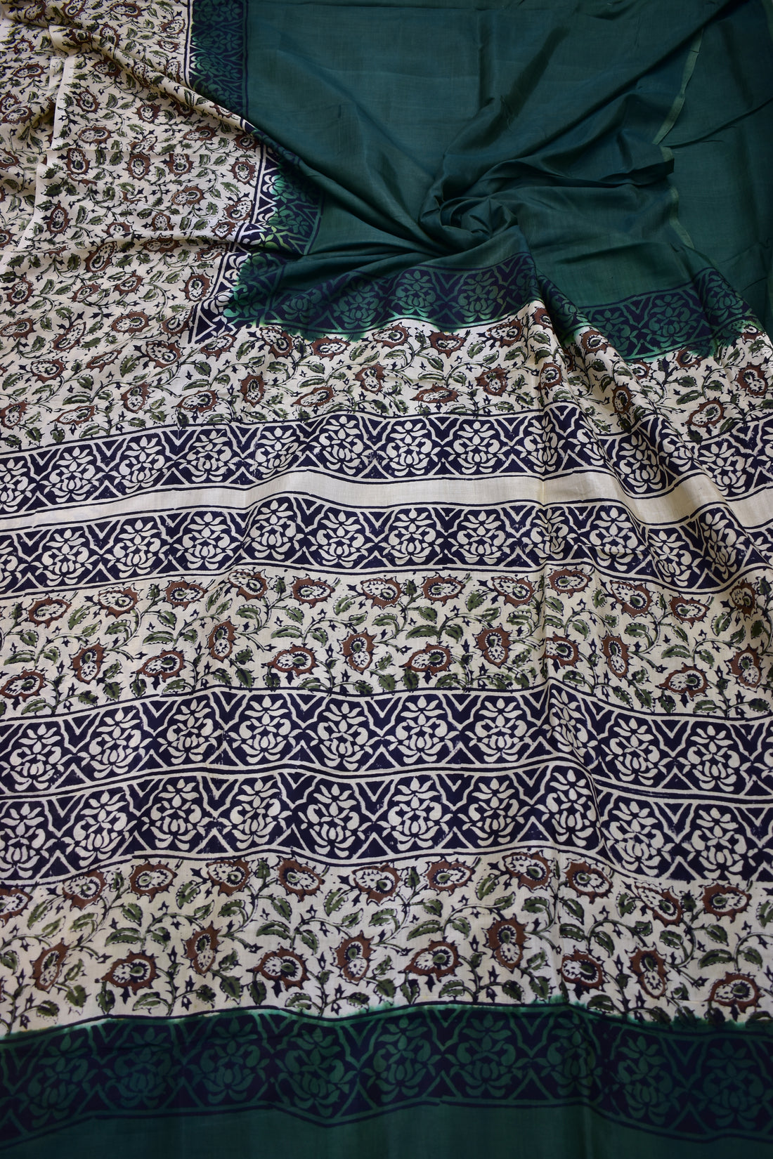 BOTTLE GREEN-KHADI SILK KALAMKARI PRINT SAREE