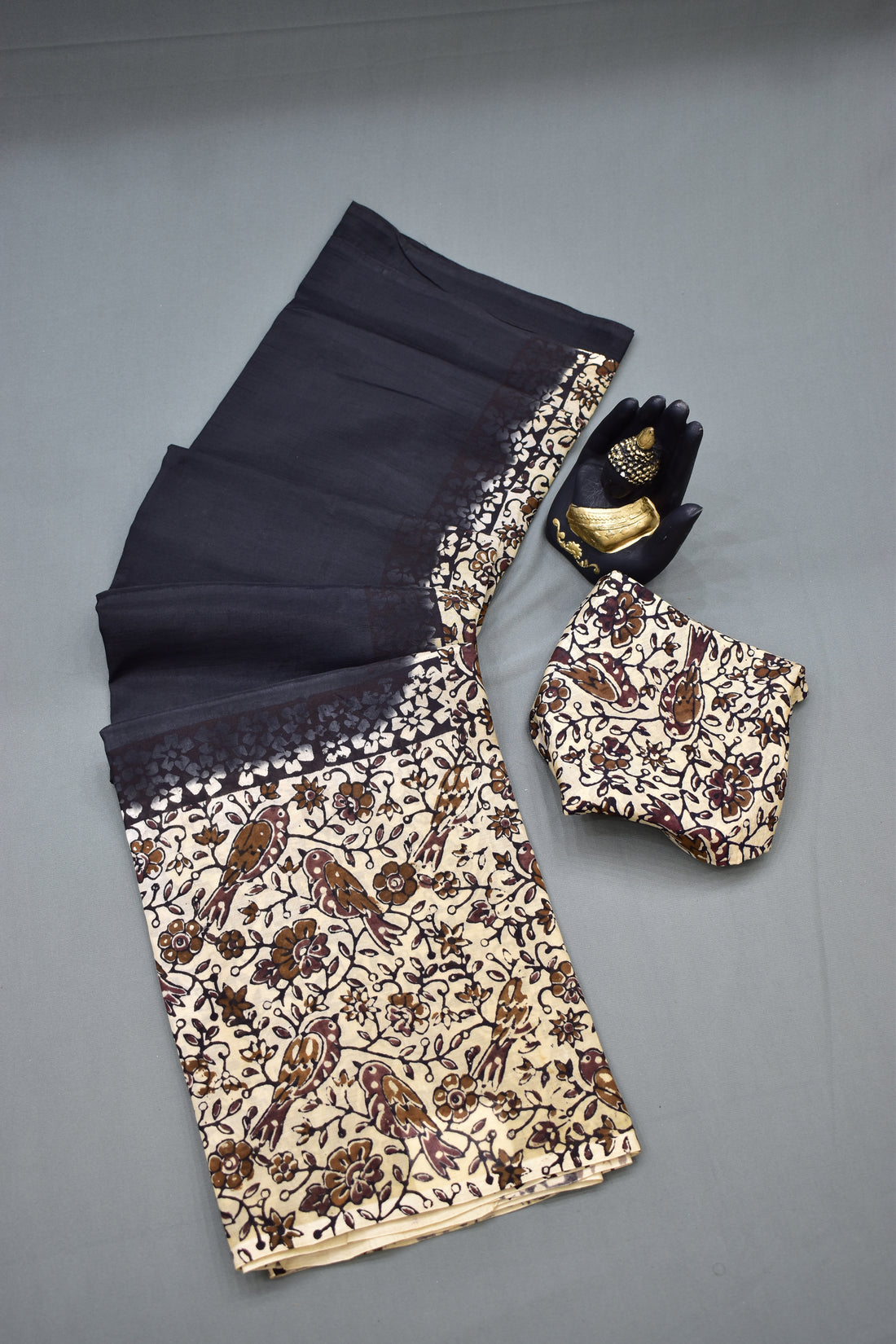 BLACK-KHADI SILK KALAMKARI PRINT SAREE