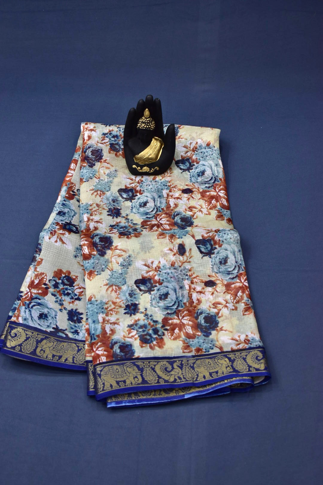 CREAM &amp; BLUE - JUTE CRAPE WITH ALLOVER DIGITAL PRINTING
