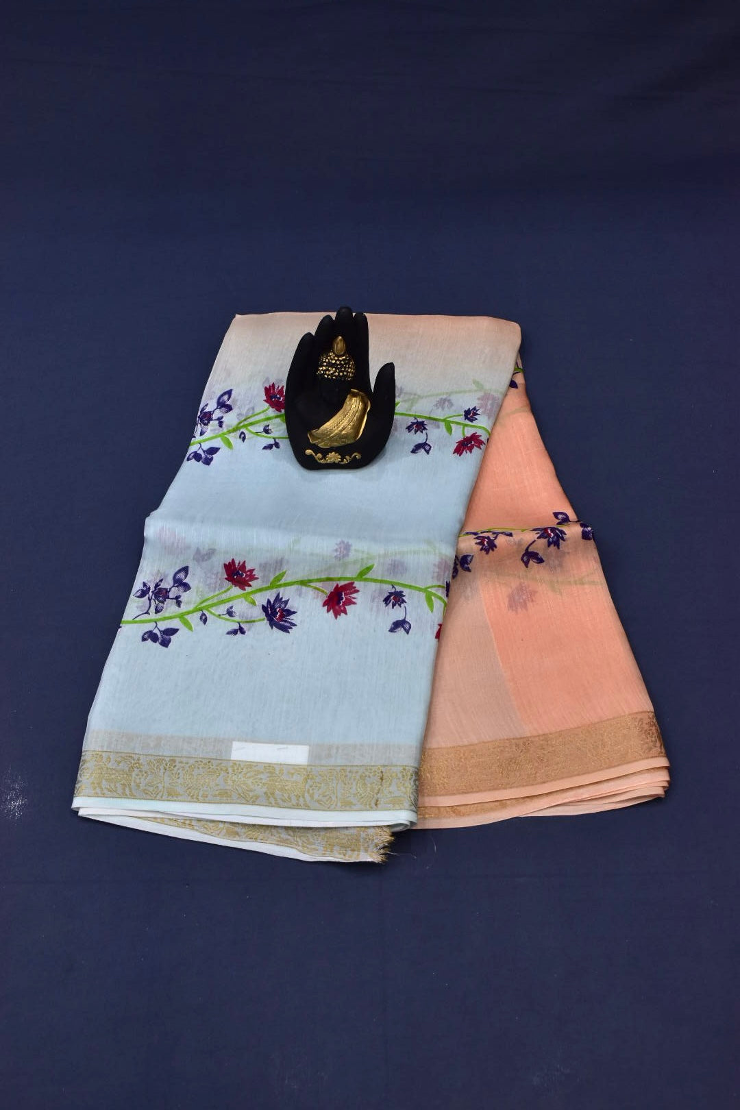 SKY BLUE &amp; PEACH - JUTE CRAPE WITH ALLOVER DIGITAL PRINTING