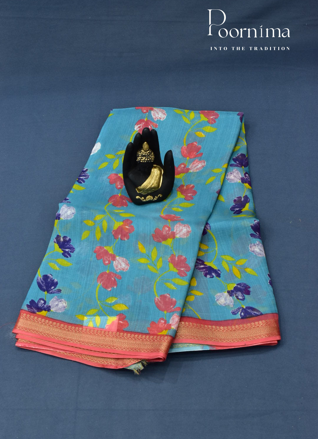 BLUE & PEACH - JUTE CRAPE WITH ALLOVER DIGITAL PRINTING