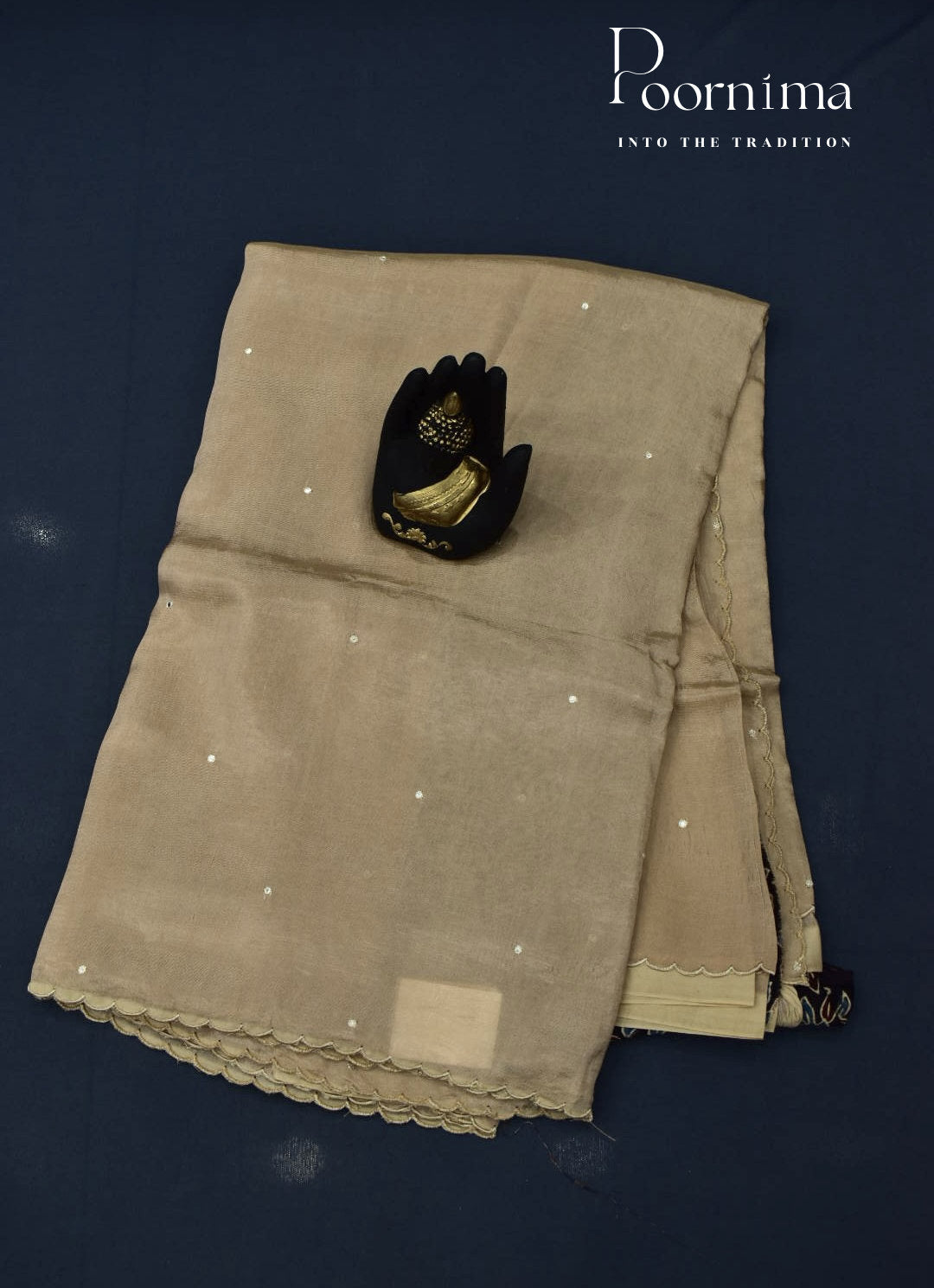 CREAM - MANGALAGIRI SAREE WITH ALLOVER CHIP WORK AND AJRAKH BLOUSE