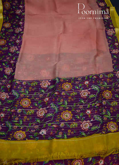 PEACH &amp; VIOLET - MANGALAGIRI SILK SAREE WITH GEORGETTE  DIGITAL PRINT