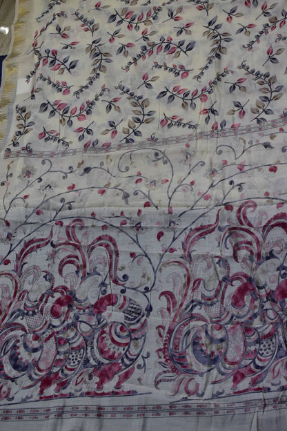 HALF WHITE- LINEN COTTON DIGITAL PRINT SAREE