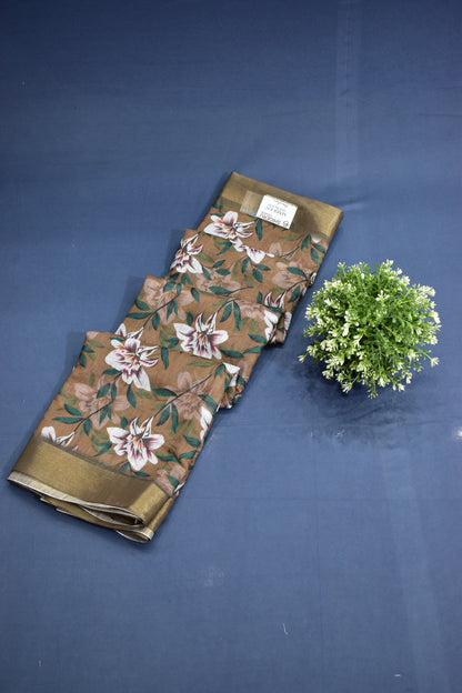 MEHANDI GREEN- LINEN COTTON FLORAL PRINT SAREE