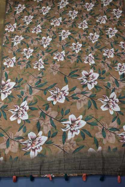 MEHANDI GREEN- LINEN COTTON FLORAL PRINT SAREE