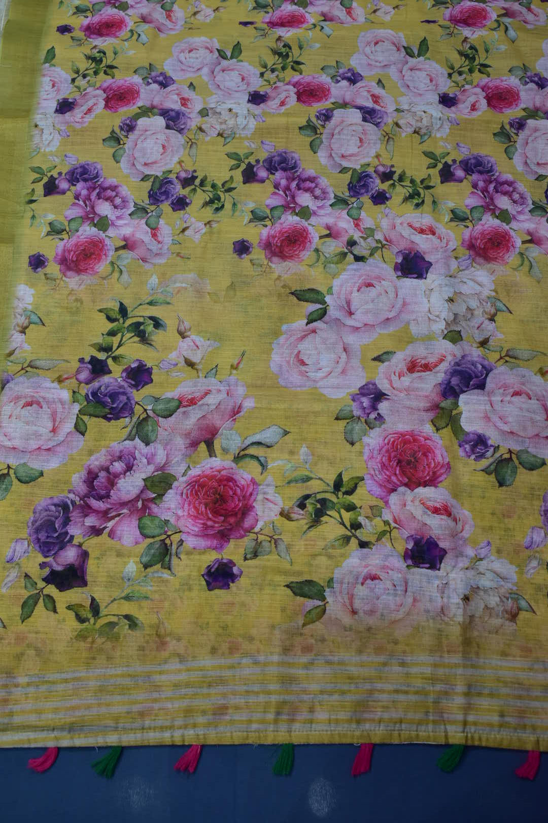 LEMON YELLOW- LINEN COTTON FLORAL PRINT SAREE